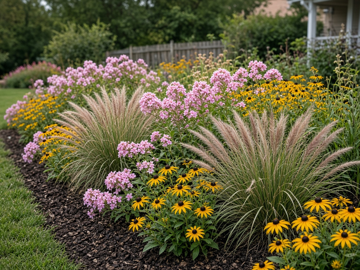 Seasonal perennial border with yellow and pink blooms over dark mulch