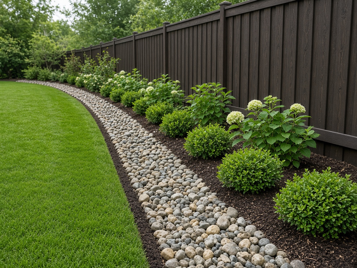 Curved property-line planting with river rock drainage strip